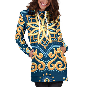 Blue And Gold Bohemian Mandala Print Hoodie Dress GearFrost