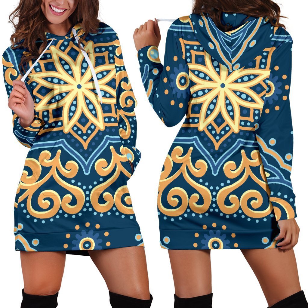 Blue And Gold Bohemian Mandala Print Hoodie Dress GearFrost