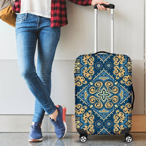 Blue And Gold Bohemian Mandala Print Luggage Cover GearFrost