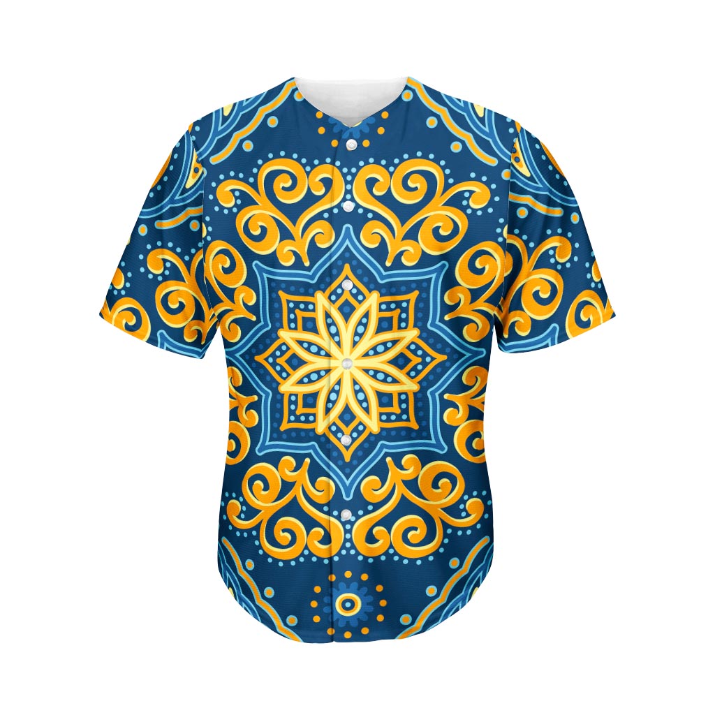 Blue And Gold Bohemian Mandala Print Men's Baseball Jersey