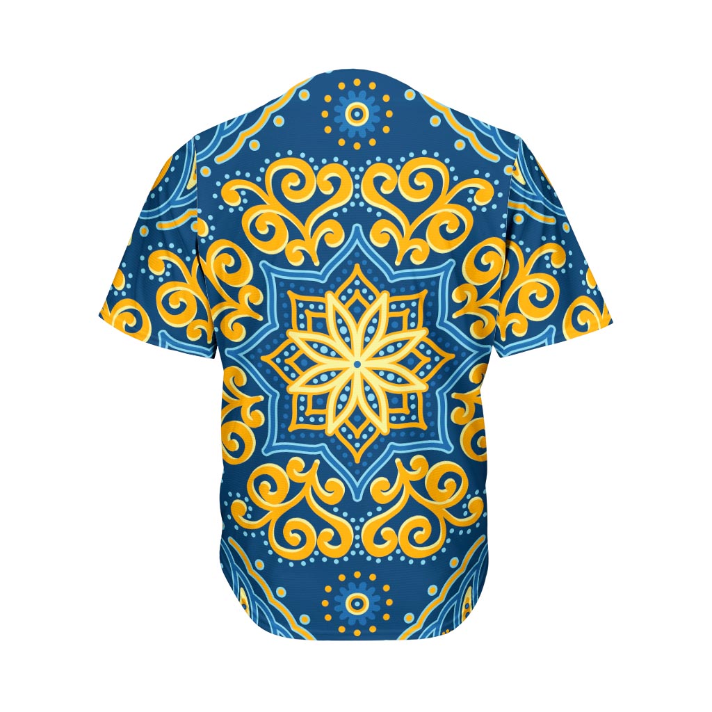 Blue And Gold Bohemian Mandala Print Men's Baseball Jersey