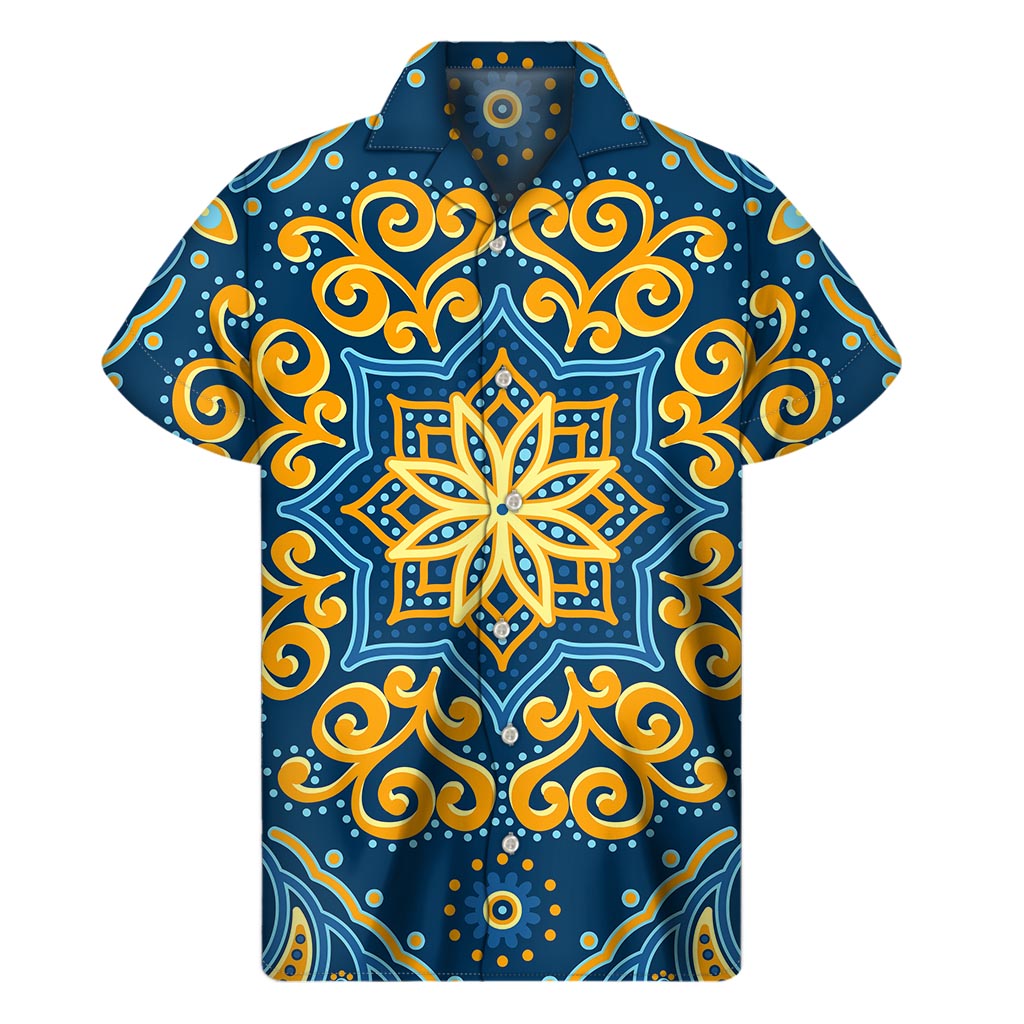 Blue And Gold Bohemian Mandala Print Men's Short Sleeve Shirt