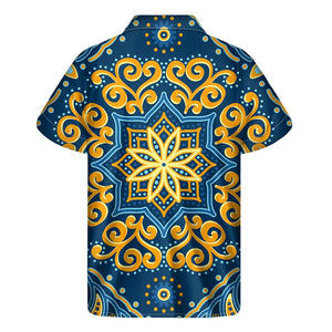 Blue And Gold Bohemian Mandala Print Men's Short Sleeve Shirt