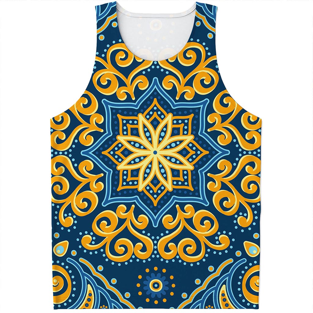 Blue And Gold Bohemian Mandala Print Men's Tank Top