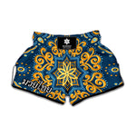 Blue And Gold Bohemian Mandala Print Muay Thai Boxing Shorts