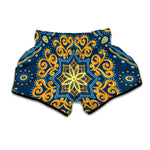 Blue And Gold Bohemian Mandala Print Muay Thai Boxing Shorts