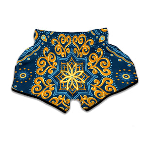 Blue And Gold Bohemian Mandala Print Muay Thai Boxing Shorts