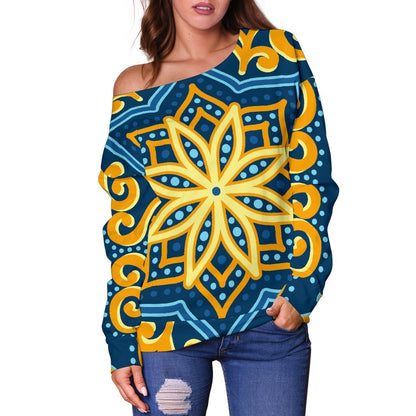 Blue And Gold Bohemian Mandala Print Off Shoulder Sweatshirt GearFrost