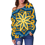 Blue And Gold Bohemian Mandala Print Off Shoulder Sweatshirt GearFrost