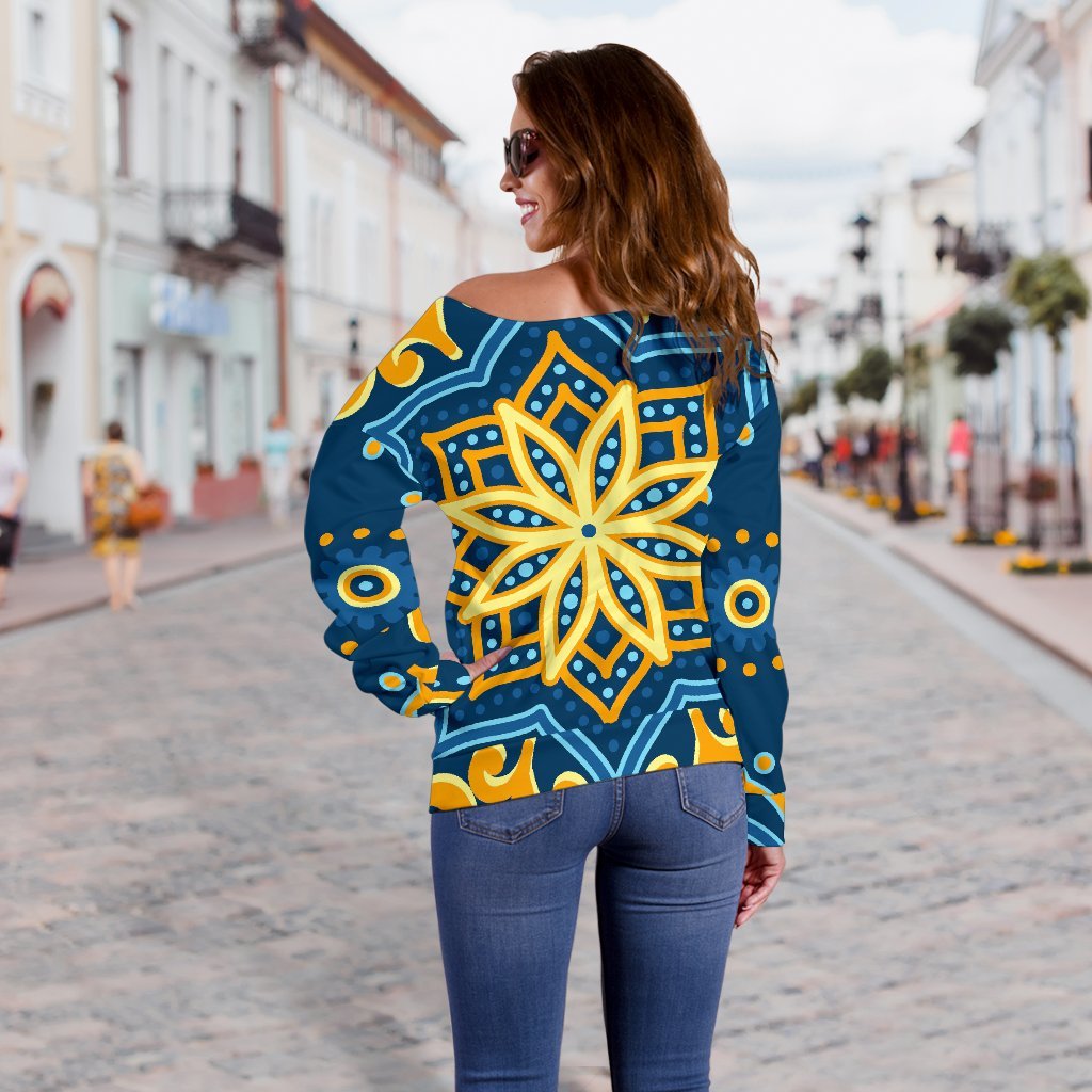 Blue And Gold Bohemian Mandala Print Off Shoulder Sweatshirt GearFrost
