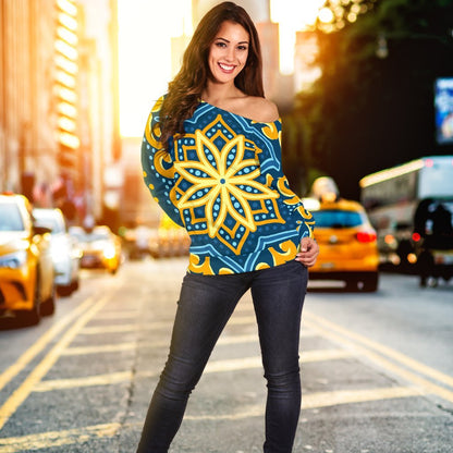 Blue And Gold Bohemian Mandala Print Off Shoulder Sweatshirt GearFrost