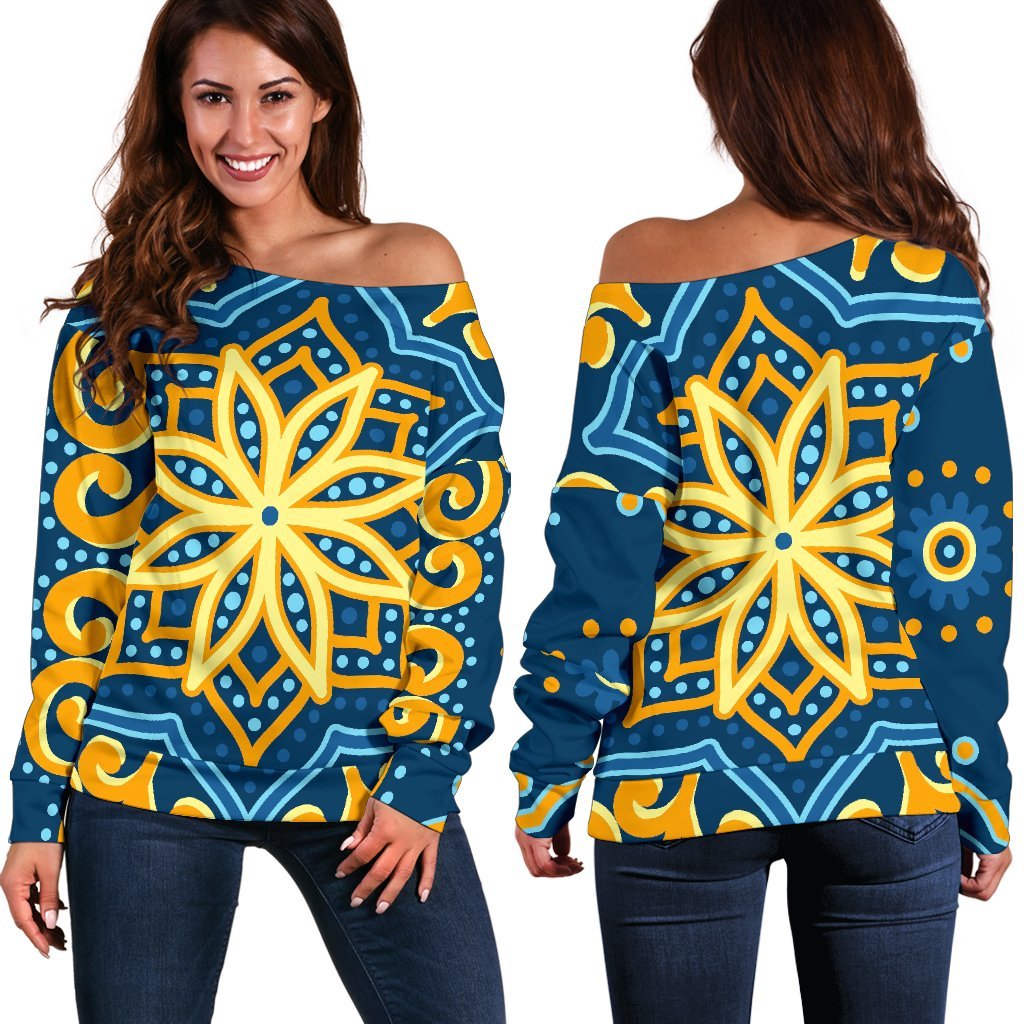 Blue And Gold Bohemian Mandala Print Off Shoulder Sweatshirt GearFrost