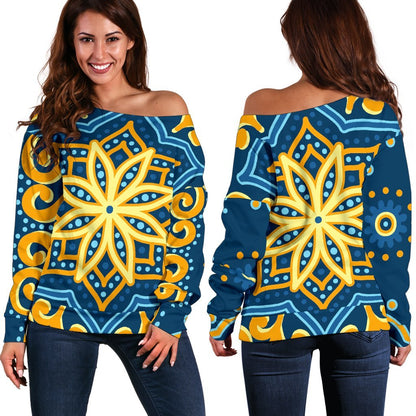 Blue And Gold Bohemian Mandala Print Off Shoulder Sweatshirt GearFrost