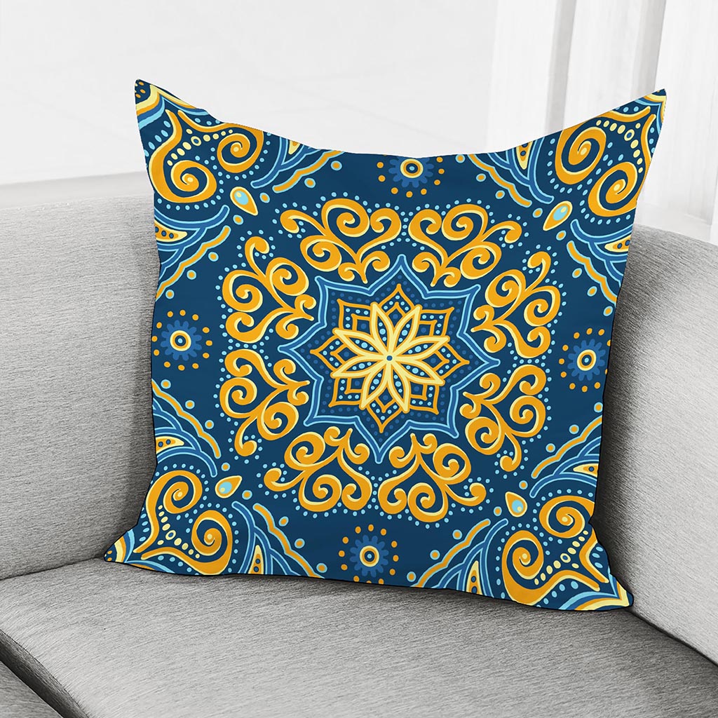 Blue And Gold Bohemian Mandala Print Pillow Cover