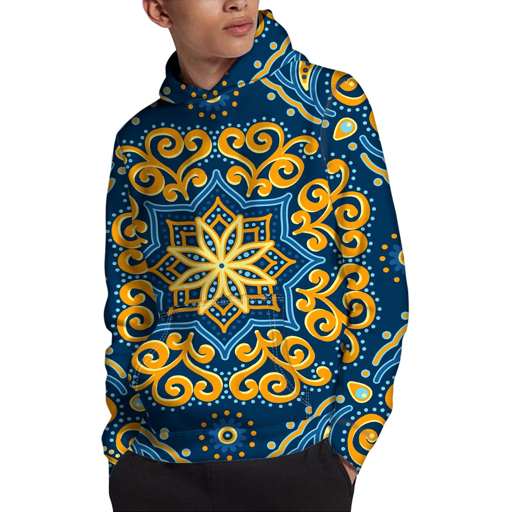 Blue And Gold Bohemian Mandala Print Pullover Hoodie