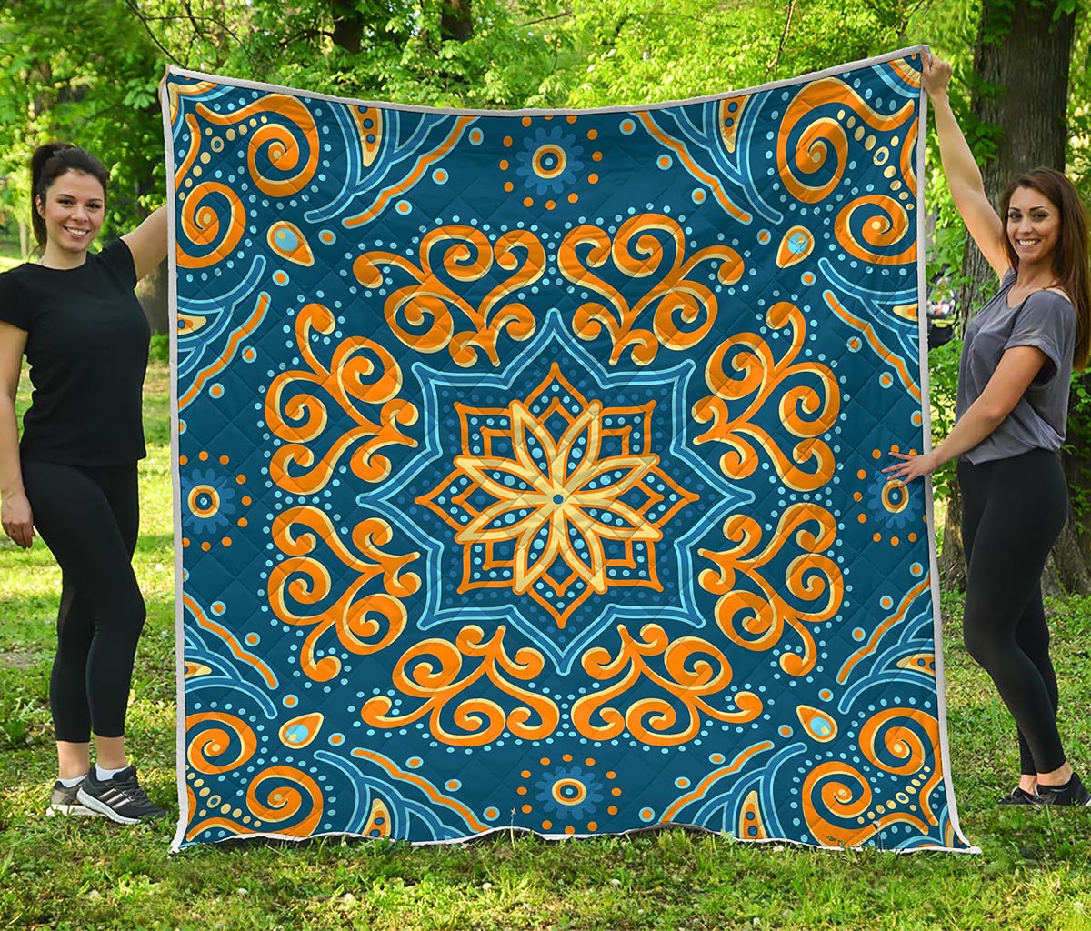 Blue And Gold Bohemian Mandala Print Quilt