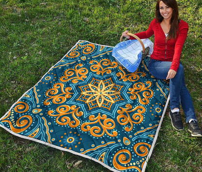 Blue And Gold Bohemian Mandala Print Quilt