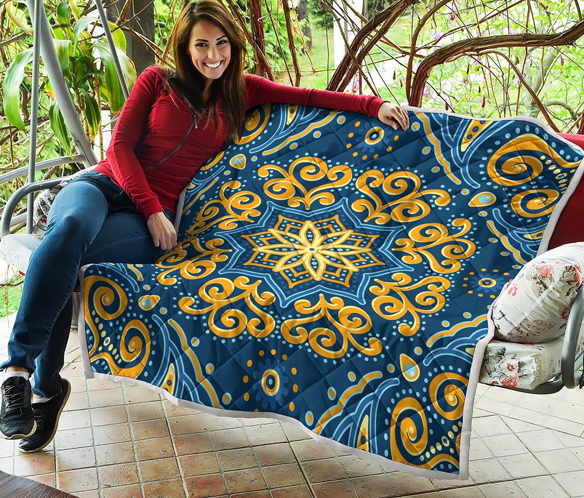 Blue And Gold Bohemian Mandala Print Quilt