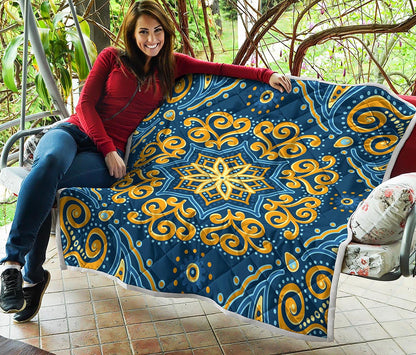 Blue And Gold Bohemian Mandala Print Quilt
