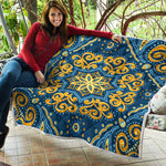 Blue And Gold Bohemian Mandala Print Quilt