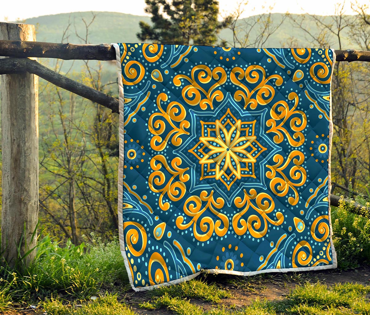 Blue And Gold Bohemian Mandala Print Quilt