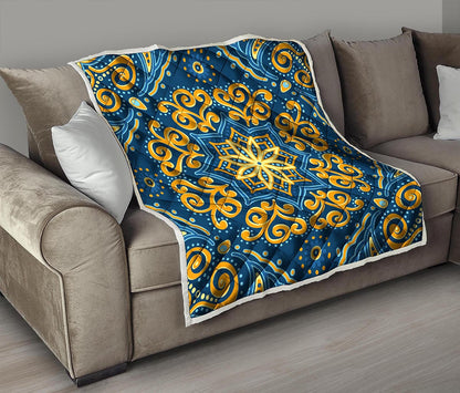 Blue And Gold Bohemian Mandala Print Quilt
