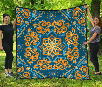Blue And Gold Bohemian Mandala Print Quilt