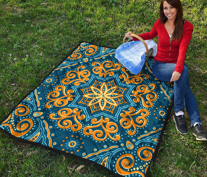 Blue And Gold Bohemian Mandala Print Quilt