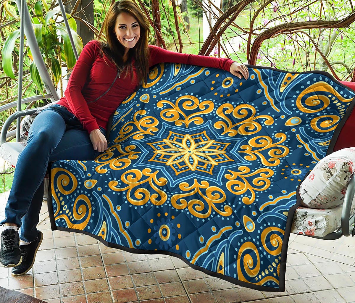 Blue And Gold Bohemian Mandala Print Quilt