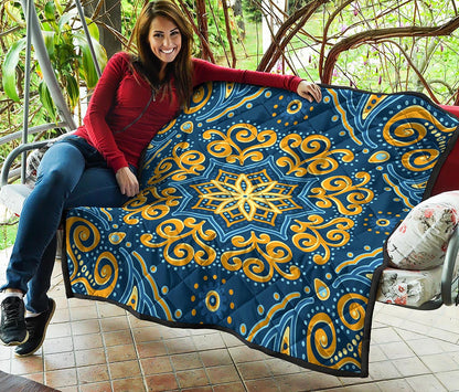 Blue And Gold Bohemian Mandala Print Quilt