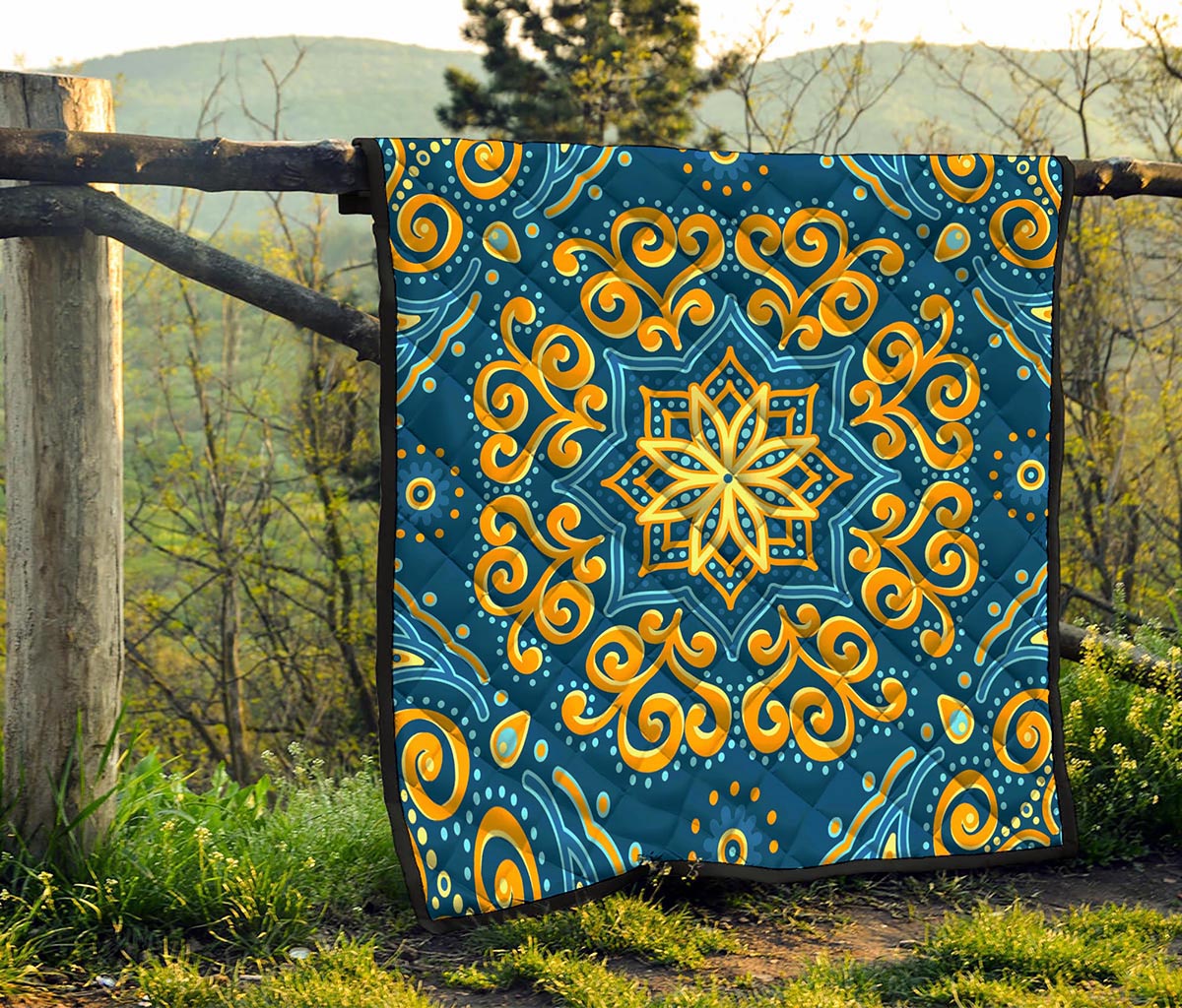 Blue And Gold Bohemian Mandala Print Quilt