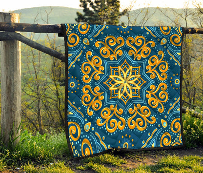 Blue And Gold Bohemian Mandala Print Quilt