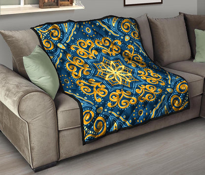 Blue And Gold Bohemian Mandala Print Quilt