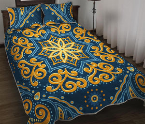 Blue And Gold Bohemian Mandala Print Quilt Bed Set