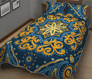 Blue And Gold Bohemian Mandala Print Quilt Bed Set