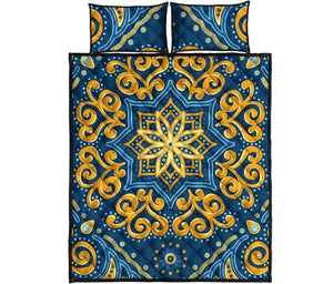 Blue And Gold Bohemian Mandala Print Quilt Bed Set