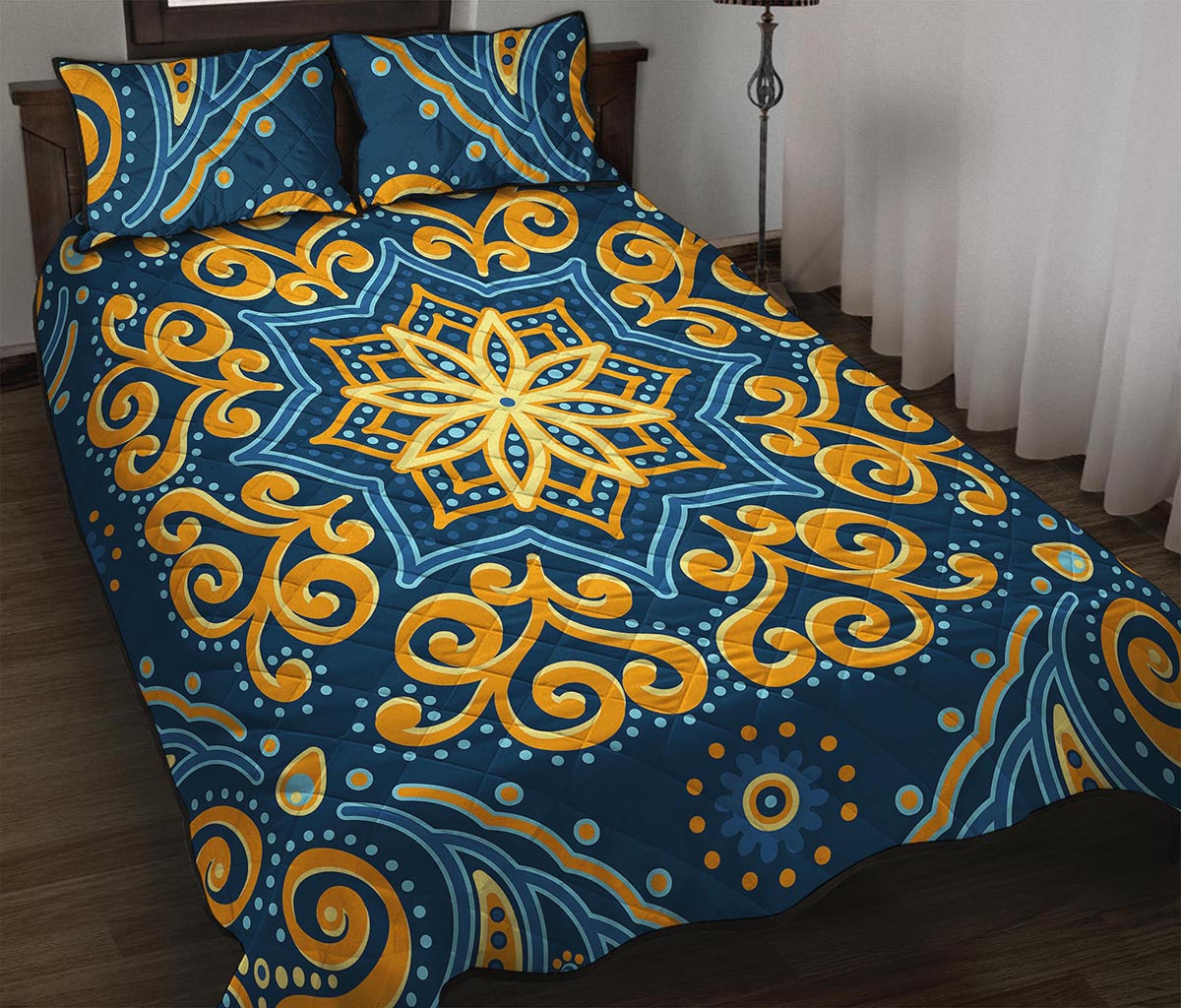 Blue And Gold Bohemian Mandala Print Quilt Bed Set