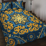 Blue And Gold Bohemian Mandala Print Quilt Bed Set