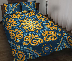 Blue And Gold Bohemian Mandala Print Quilt Bed Set