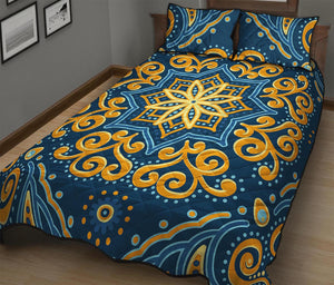 Blue And Gold Bohemian Mandala Print Quilt Bed Set