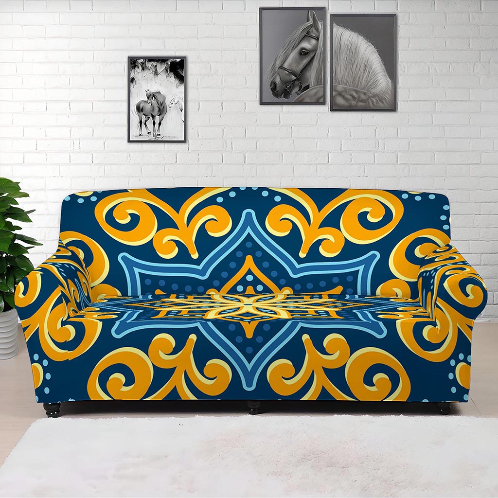 Blue And Gold Bohemian Mandala Print Sofa Cover