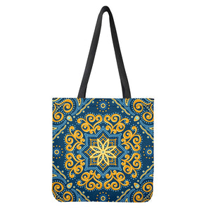 Blue And Gold Bohemian Mandala Print Tote Bag