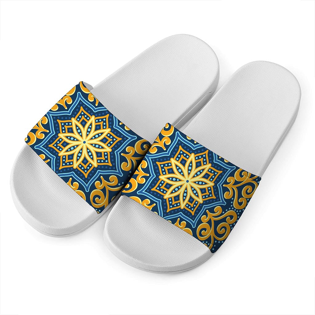 Blue And Gold Bohemian Mandala Print White Slide Sandals