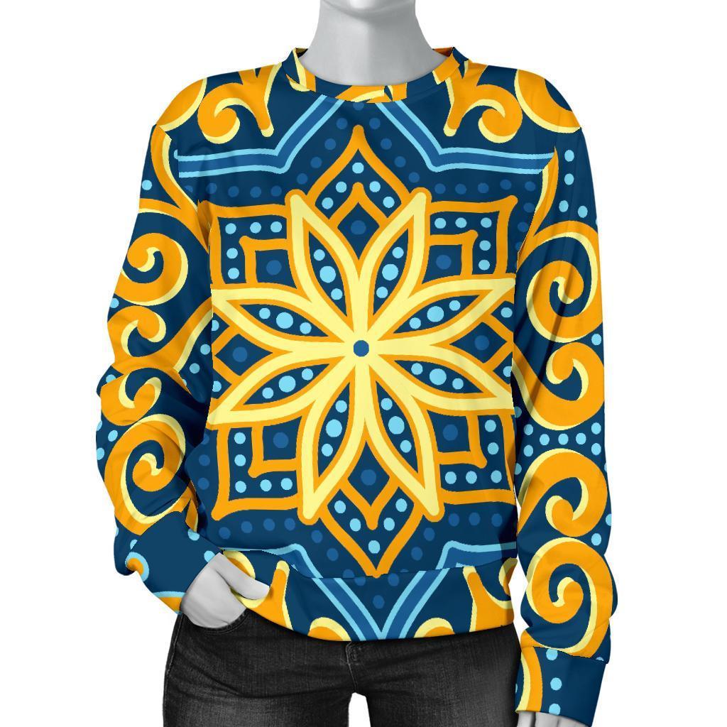 Blue And Gold Bohemian Mandala Print Women's Crewneck Sweatshirt GearFrost