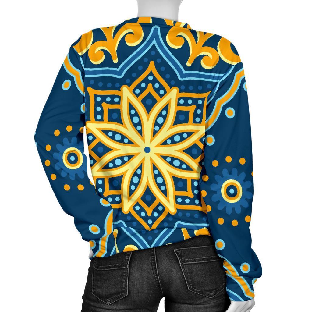 Blue And Gold Bohemian Mandala Print Women's Crewneck Sweatshirt GearFrost