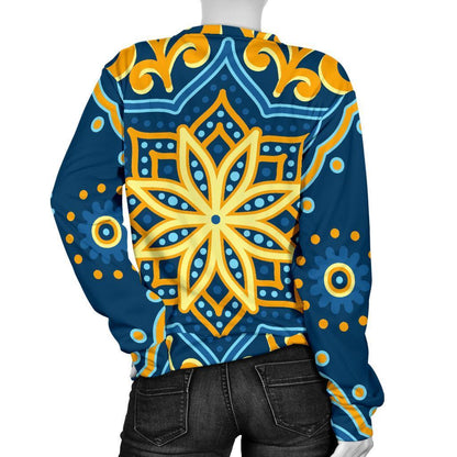 Blue And Gold Bohemian Mandala Print Women's Crewneck Sweatshirt GearFrost