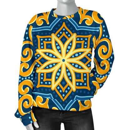 Blue And Gold Bohemian Mandala Print Women's Crewneck Sweatshirt GearFrost