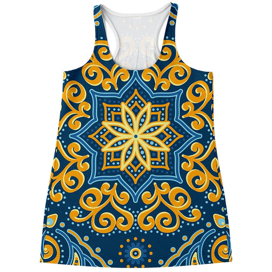 Blue And Gold Bohemian Mandala Print Women's Racerback Tank Top
