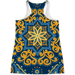 Blue And Gold Bohemian Mandala Print Women's Racerback Tank Top