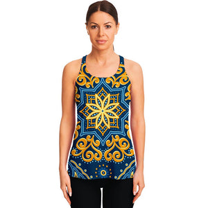 Blue And Gold Bohemian Mandala Print Women's Racerback Tank Top